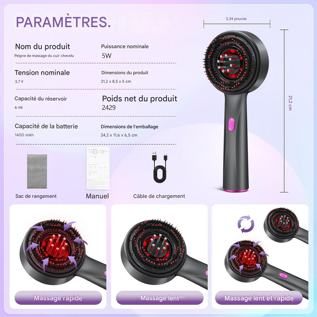 Brosse de thérapie capillaire– Lumière rouge anti-chute & stimulateur de repousse
