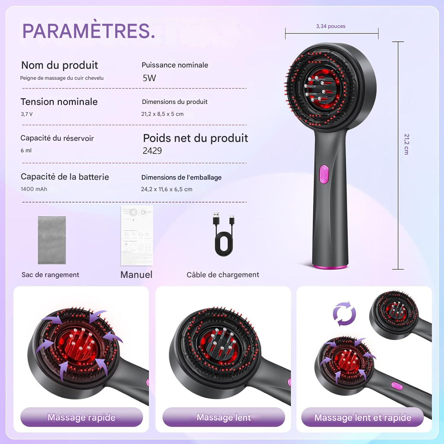 Brosse de thérapie capillaire– Lumière rouge anti-chute & stimulateur de repousse